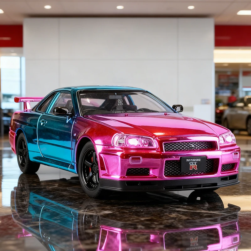 NEW 1:24 GTR R34 Skylin Alloy Car Model Sound and Light Pull Back Children's Toy Collectibles Birthday Gift