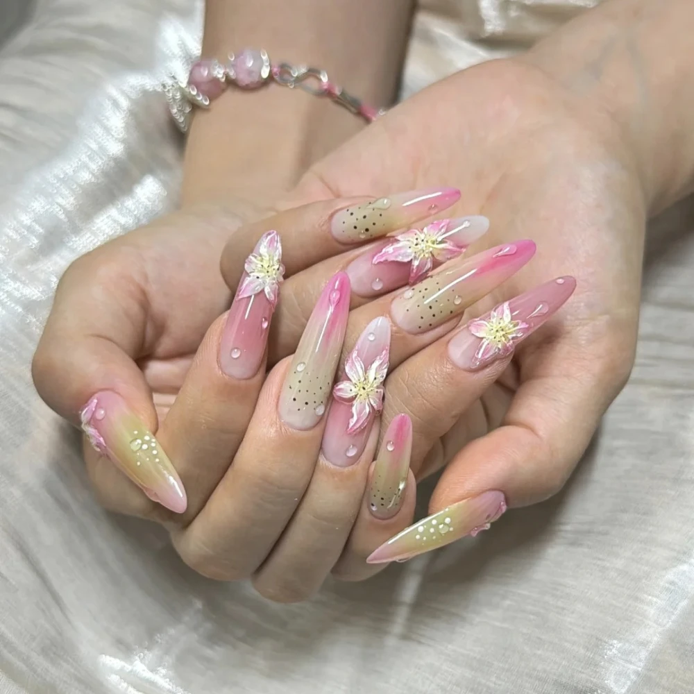 

10Pcs Handmade Manicure Long Almond Fake Nails Beautiful Lily Flower Limited Press On Nails Design with Adhesive Nail File Set