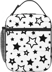 Bolsa de almuerzo portátil con diseño de estrellas negras en blanco, fiambrera aislada, bolsas reutilizables para mujeres, hombres, trabajo, picnic, camping, talla única