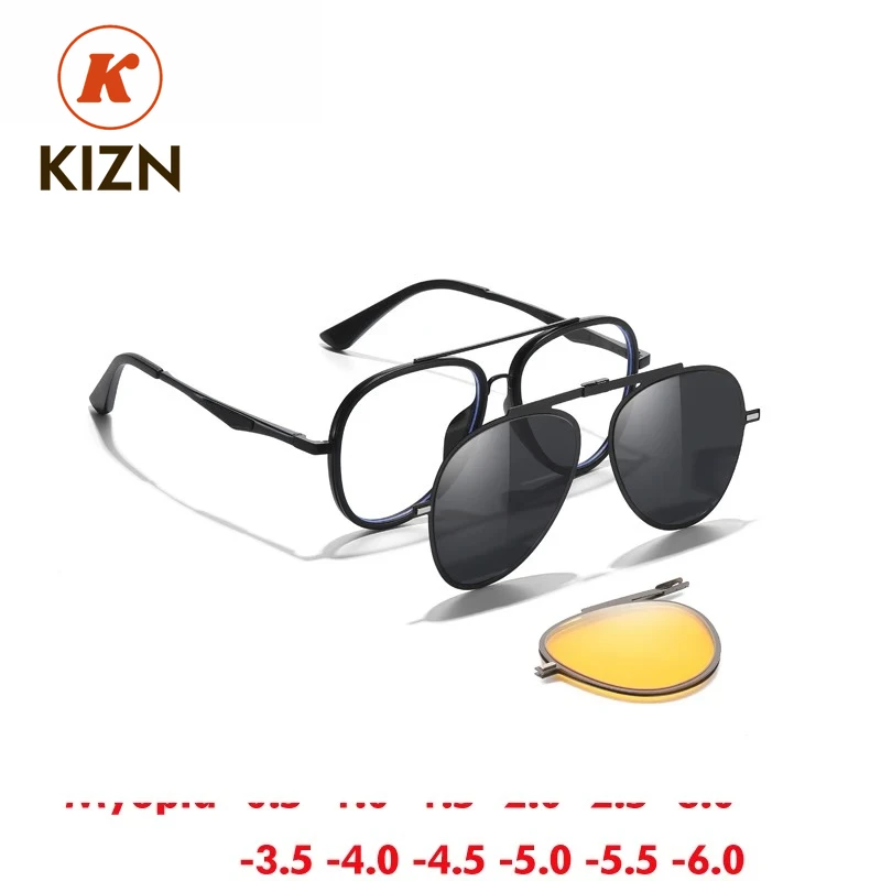 

Солнцезащитные очки для близорукости KIZN 3 в 1, классическая двойная оправа с магнитными зажимами, поляризационные мужские и женские очки по индивидуальному заказу, от -0,50 до -10