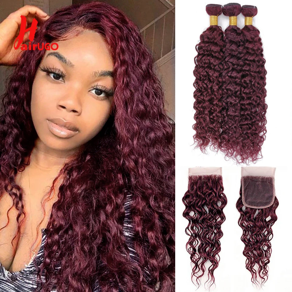 Burgundy Water Wave Bundles With Closure HairUGo Brazilian 99J Human Hair Closure With 3 Bundles Remy Pre-Colored Hair Weaving