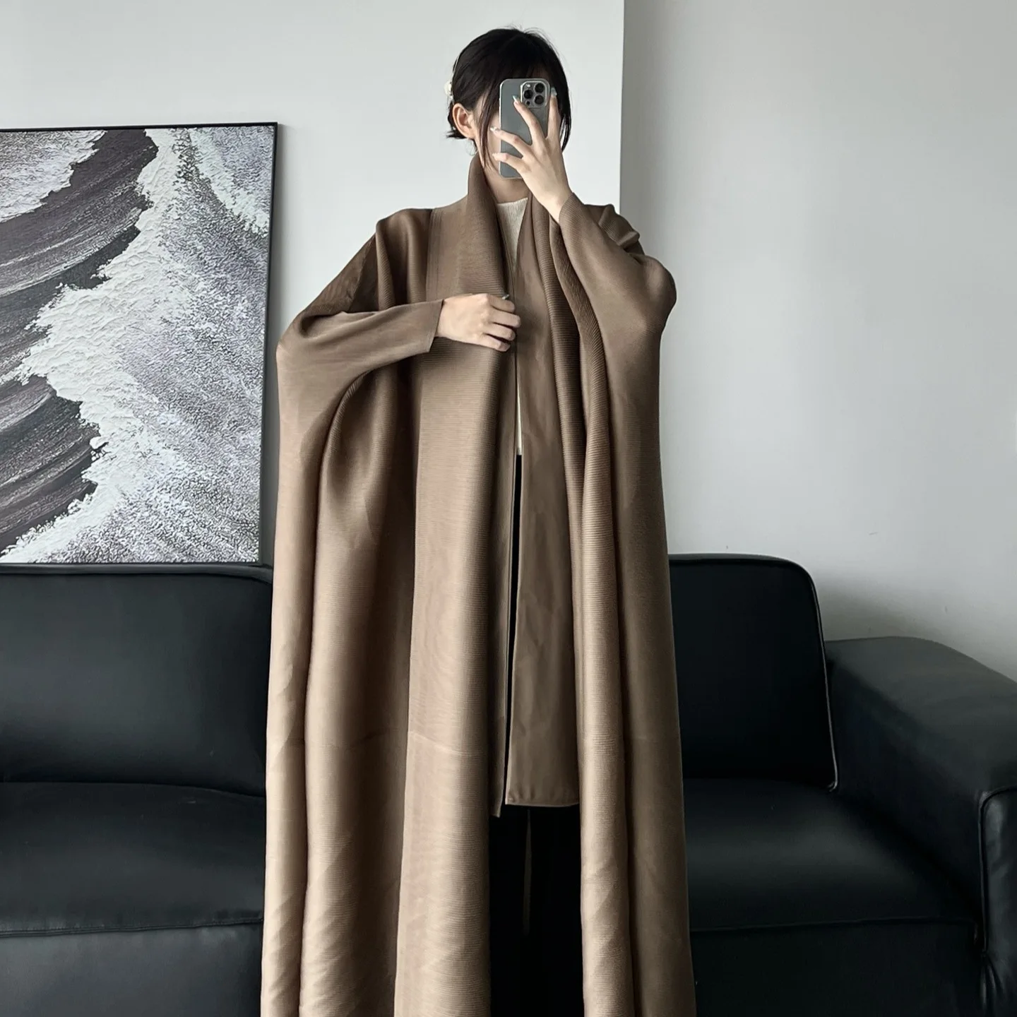 Solid Color Arabic Women\'s Robe Pleated Loose Plus Size Plus Long Robe Cardigan Nine-minute Sleeve Cardigan Coat 2024 Summer New