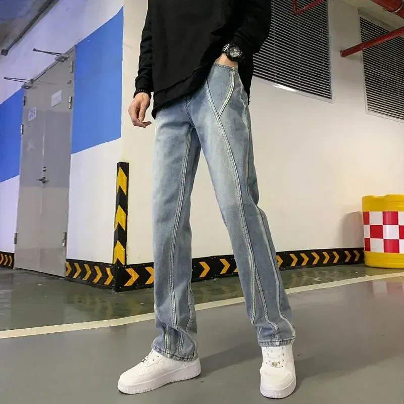 Men's Jeans Straight Solid Pants Trousers Korean Fashion High Waist Streetwear Vintage Solod Color Jeans Spring Men Denim D24