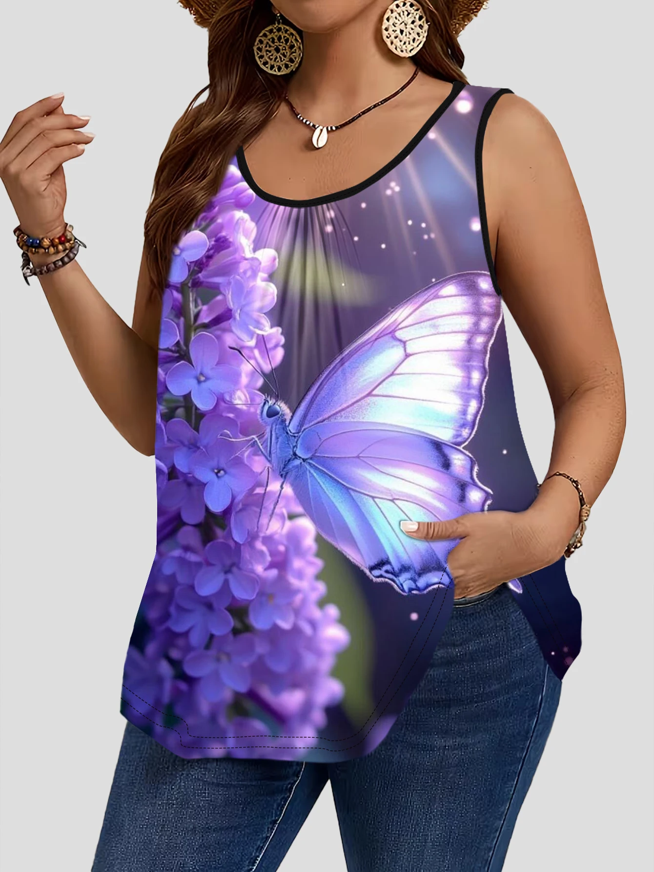 3-Piece Set of Plus-Size Women's Vests, Lilac Iridescent Butterfly Print Loose Sleeveless Tops 5