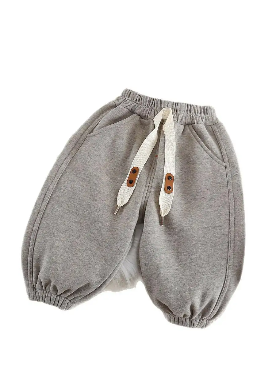 New 2025 Children's Casual Fce Lined Loose Fit Pants ex Pure Color Spor Autumn Winter Kids Trousers without Brand