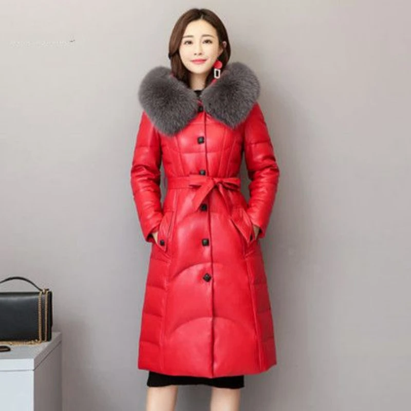 Women 2023 New Leather Coat Fur Imitation Fox Fur Collar Mid length Hooded Cotton Thickened Slim PU Coat