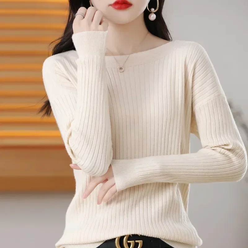 Women Sweater Autumn Winter Warm Bottiming Shirts Korean Fashion Slash Neck Long Sleeve Pullovers Slim Fit Casual Warm Knitwears