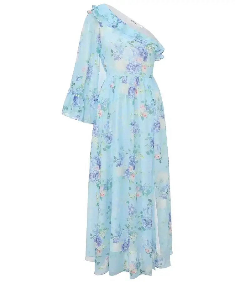 

Elegant Printed Off-Shoulder Dress Ruffle Flare Sleeve A-Line Casual Beach Dress for Women Summer Lady Vestidos