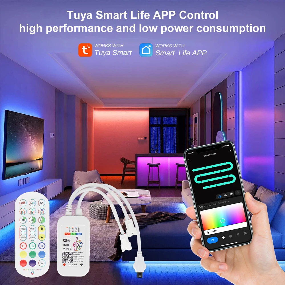 TUYA Addressable Controller With 24Keys Remote Control RGB-IC Smartlife RGB-IC LED Strip Controller Chase effect Work With Alexa