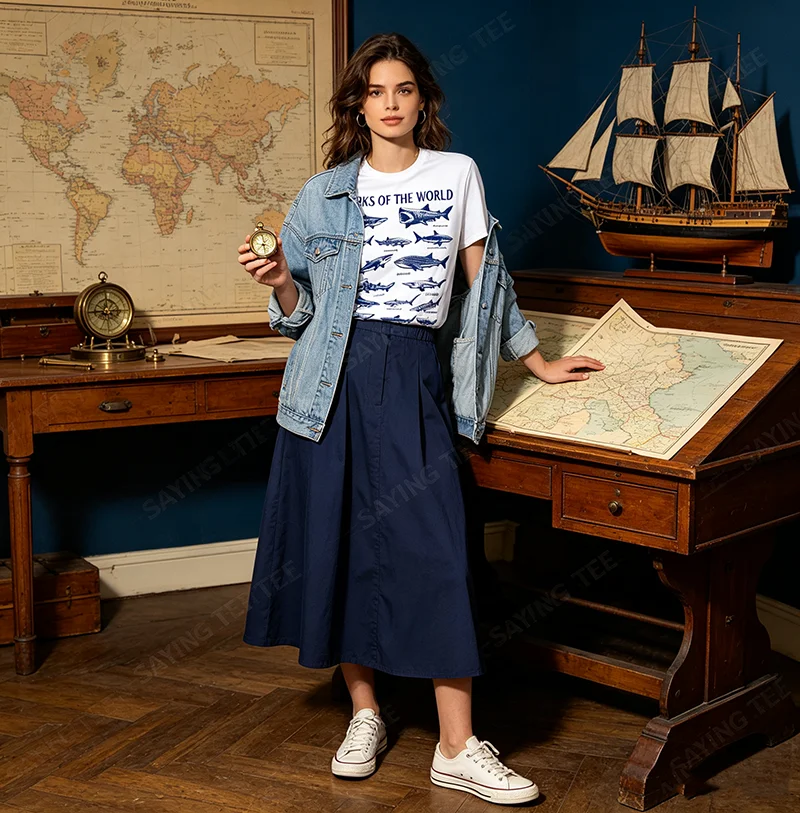 Sharks of The World Vintage Ocean Marine Life Guide T-Shirt Y2k Art Biology Ocean Nature Aesthetics Kleidung für Damen Herren Outfit – Detail 5