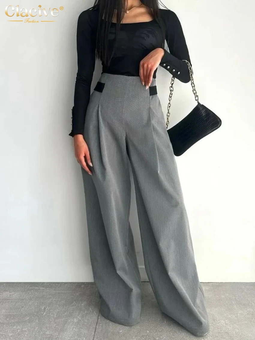 Clacive Fashion Loose Gray Office Trousers Sets For Women 2 Piece 2025 Elegant Long Sleeve Blazer With High Waist Wide Pants Set