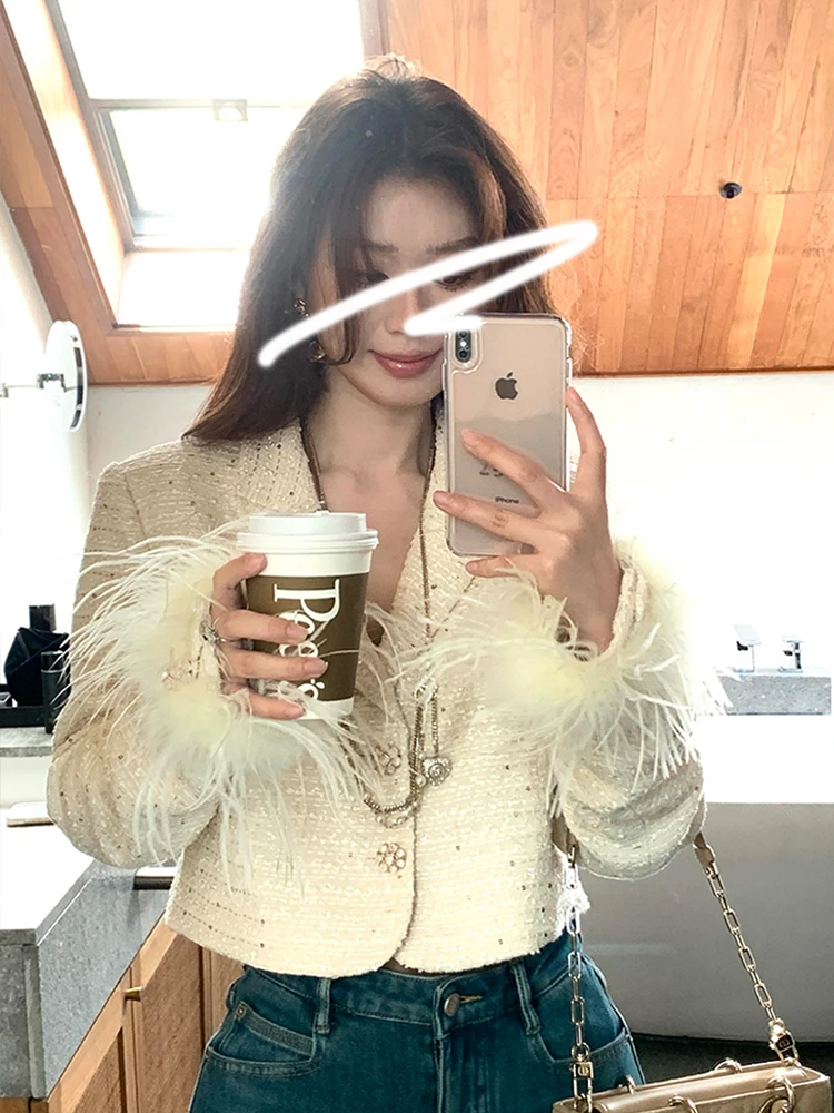 

FFmiss Премиум-кардиган из шерсти с перьями страуса, с блестящими пайетками, в клетку, в стиле маленькой французской куртки, в полоску