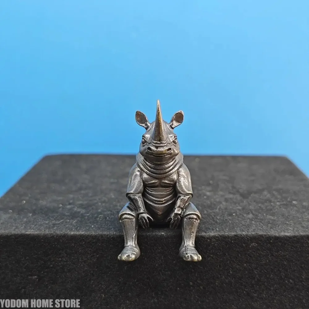 Antique Brass Sitting Rhinoceros Figurine - Retro Metal Realistic Animal Model for Desktop Decor, Collectible Mini Ornament