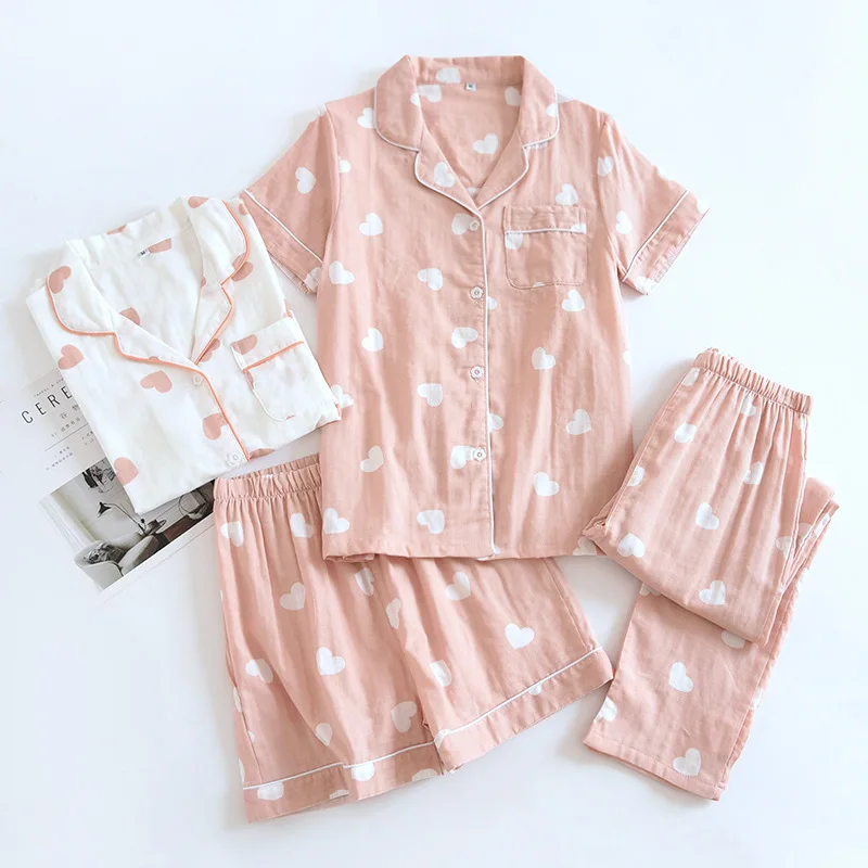 2023 New Women\'s Spring Summer 100% Gauze Cotton Pajamas 3-piece Short Sleeve + Shorts + Trousers Soft And Comfortable Homewear