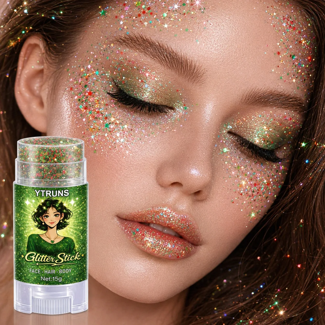 Christmas Green Glitter Gel Stick, Star Chunky Body Face Glitter, Waterproof Non Sticky Shimmer Eyeshadow for Party Festival