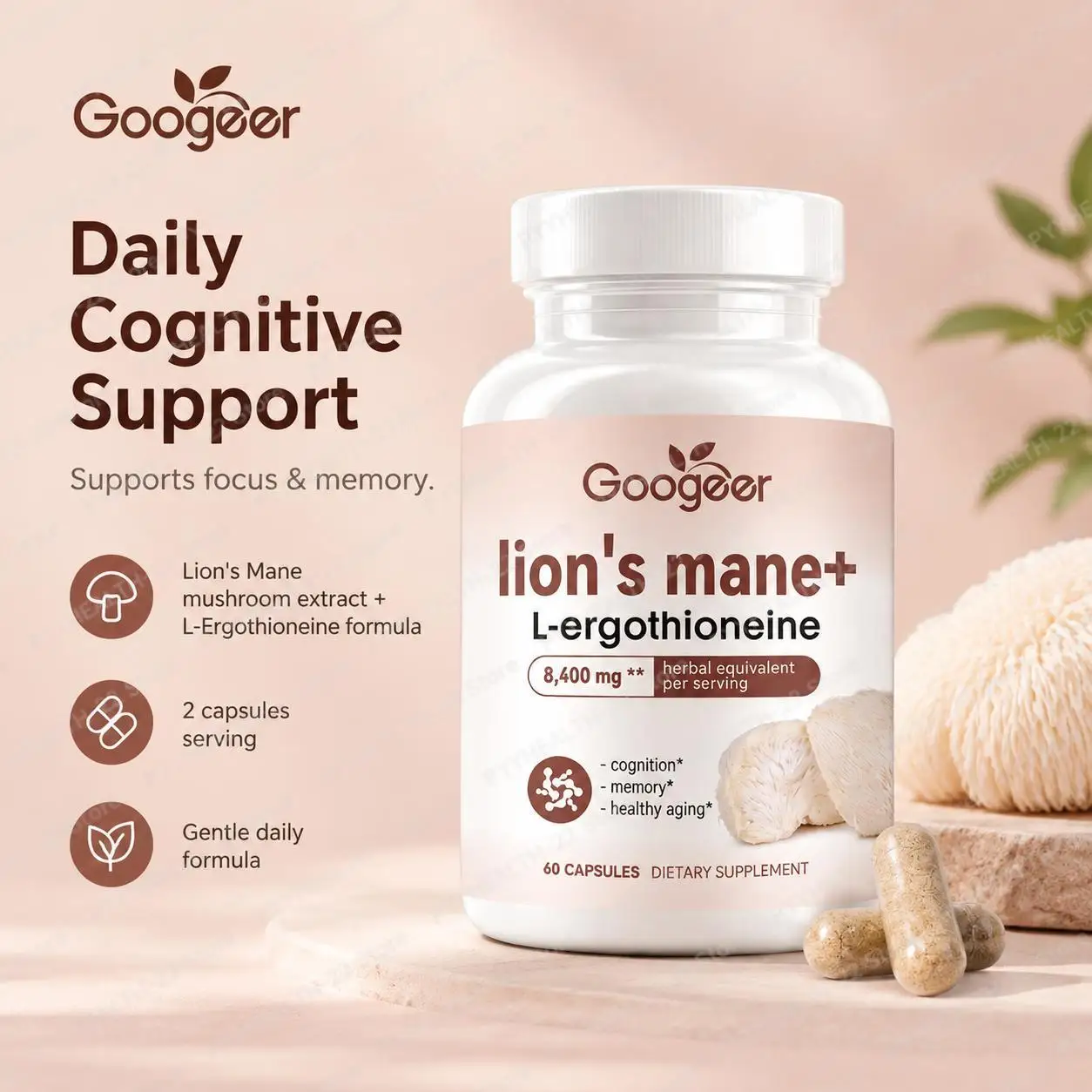 Lion's Mane Mushroom Capsules, 8400mg Herbal Equivalent with L-Ergothioneine, Support Mental Focus, Memory Cognitive 60 Capsules