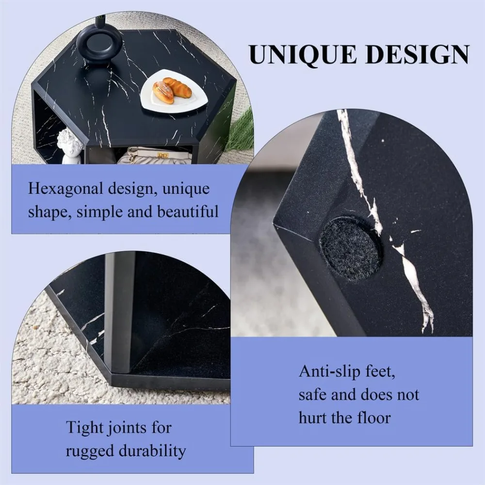 Meja Kopi Marmer Imitasi Modern dengan Penyimpanan, Furnitur Ruang Tamu Hitam Berbentuk Heksagonal, Kompartemen Buku, Meja Aksen Dekoratif