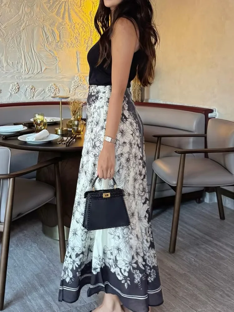 

HH Women Fashion Temperament Print Fluffy Blend Loose Long Skirt Female Elegant High Waist Zipper High Street Casual Skirt