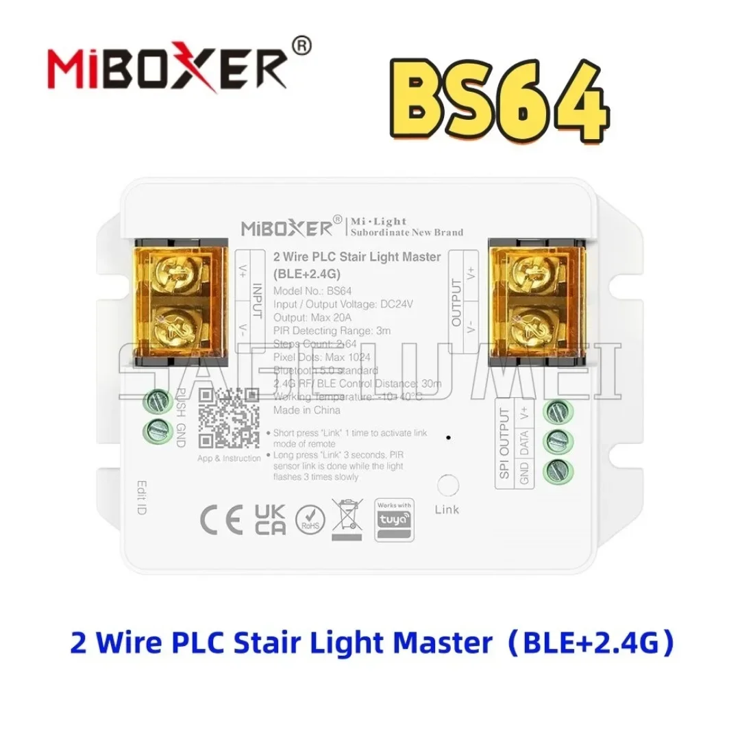 

Miboxer BS64 2-Wires PLC Stair Light Master (BLE+2.4G) serirs Bluetooth/2.4GHz RFcontrol DC24V 480W 20A Supports up to 64stairs