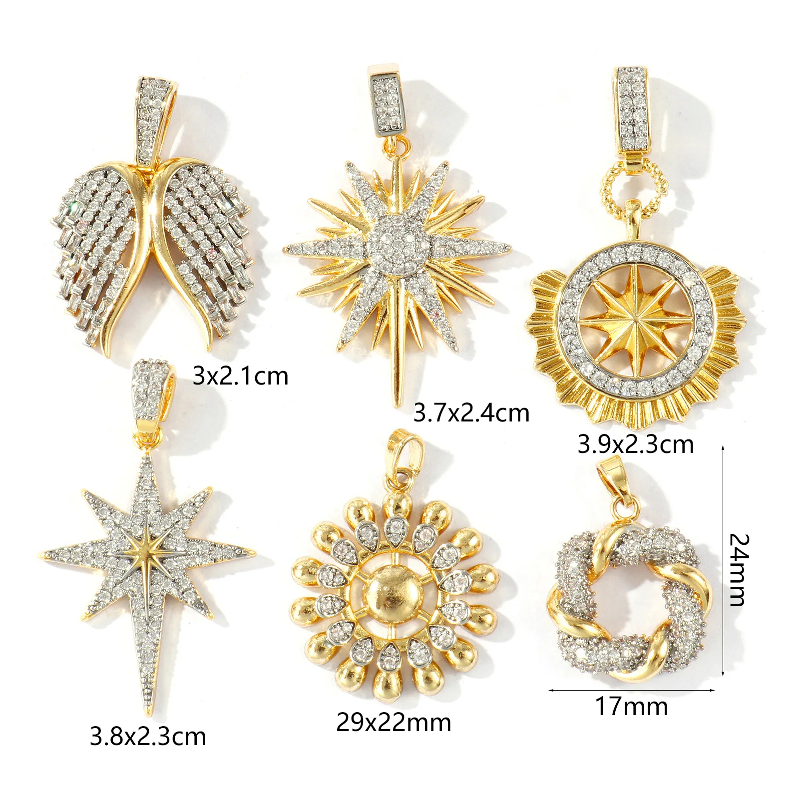 1 Piece Two Tone Charms Sun Flower Star Wing Clear Cubic Zirconia Brass 18K Gold Plated Pendant For DIY Necklace Jewelry Making