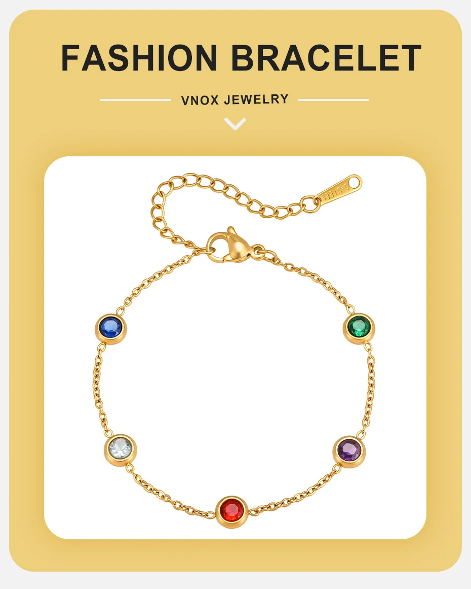 Vnox Minimalistisches, vergoldetes, mehrfarbiges Zirkonia-Schmuckset mit Halskette, Ohrringen und Armband für Damen, trendiger, farbenfroher Kristallschmuck – Detail 1