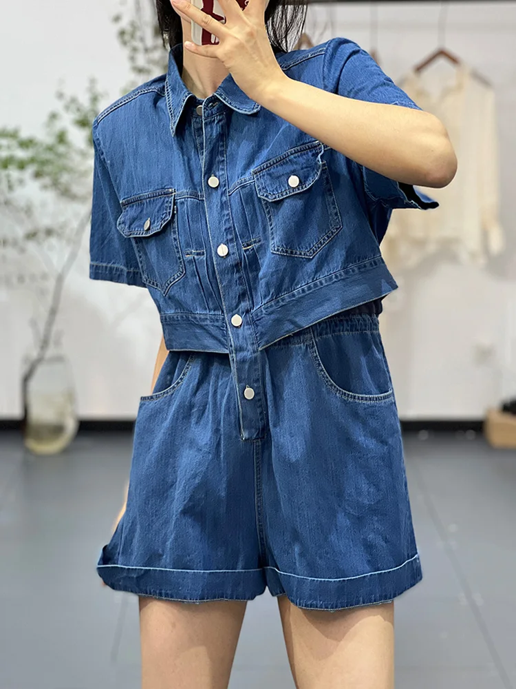 

Waed Denim ort Sve Ne Two-Piece Set Casual Summer Outfit for Women Loose Fit orts Fake Two-Piece Ensemble