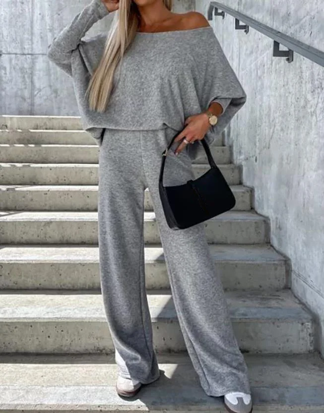 Two Piece Set Women Outfit 2023 Autumn Fashion Skew Neck Long Sleeve Plain Top & Casual High Waist Daily Pants Set Streetwear