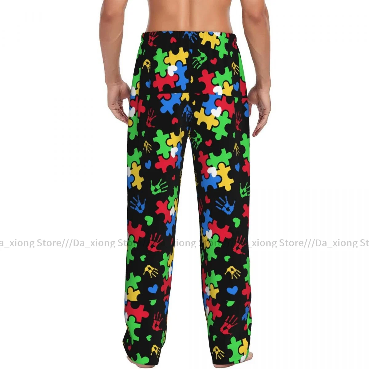 Mens Casual Pajama Long Pant Loose Elastic Waistband Autism Awareness Colorful Puzzle Piece Cozy Sleepwear Home Lounge Pants