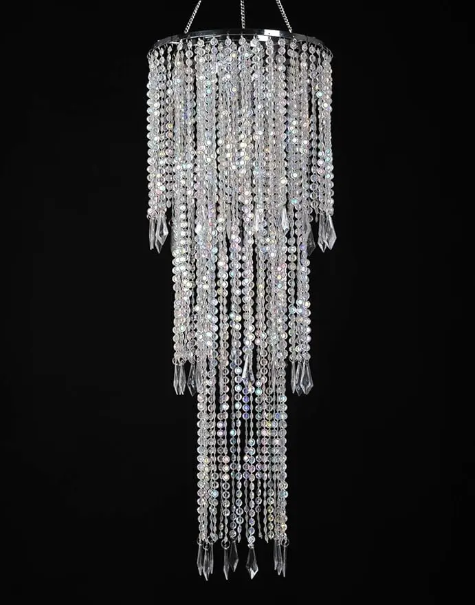 

FlavorThings Sparkling Iridescent Acrylic Beaded Hanging Chandelier (W10.25 H30”)，3 Tiers Beads Pendant Shade,