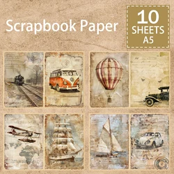 10 Sheets A5 Size Transportation Train Car Airplane Hot Air Balloon Background Vintage Grunge Journal Planning Scrapbooking