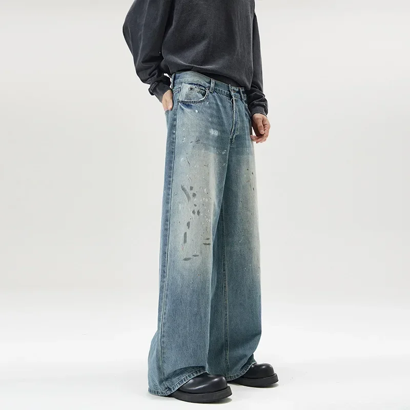 

Jeans Men Wide Leg Pants Denim Floor Length Pant Straight Trousers Casual Loose Regular High Waist Splice Autumn Winter