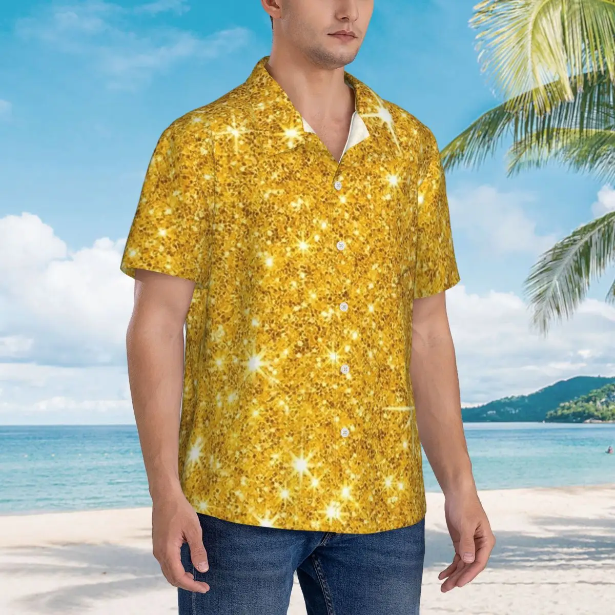 

Glitter Gold Hawaiian Shirts Funny Men Short Sleeve Shirt for Summer Beach Men's Button Tops