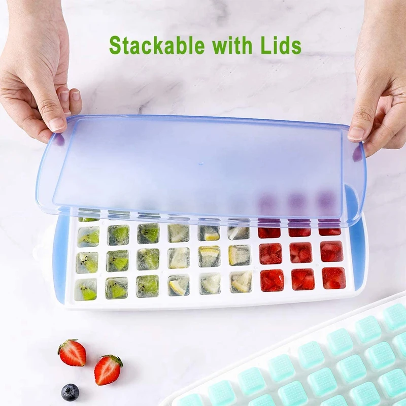 صينية ثلج مربعة بغطاء ، قالب سيليكون ، قابلة للتكديس ، ويسكي ، كوتيلات ، فواكه ، طعام أطفال ، برد ، 2 ، 72 شبكة