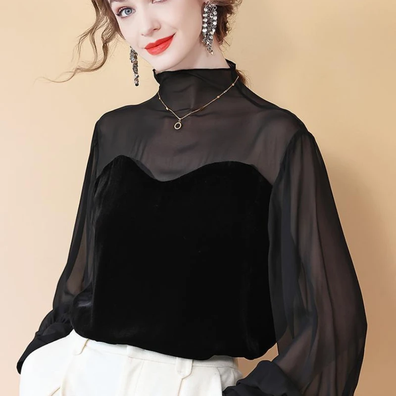 Gold Velvet Top for Women 2024 Autumn New High End Exquisite Half High Neck T-shirt European Fashion and Western Style Bottom