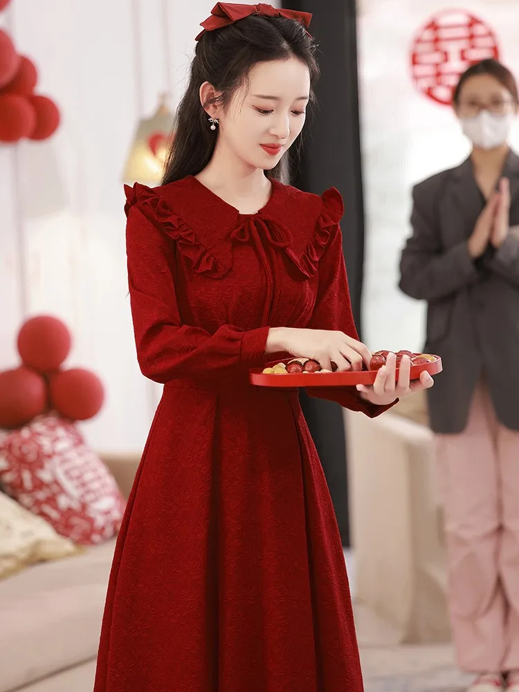 

Ele Red Dr for Engagement And Wedding Celebration High Waist Lantern Sve Slim Fit Midi Dr Suitable for Daily Wear