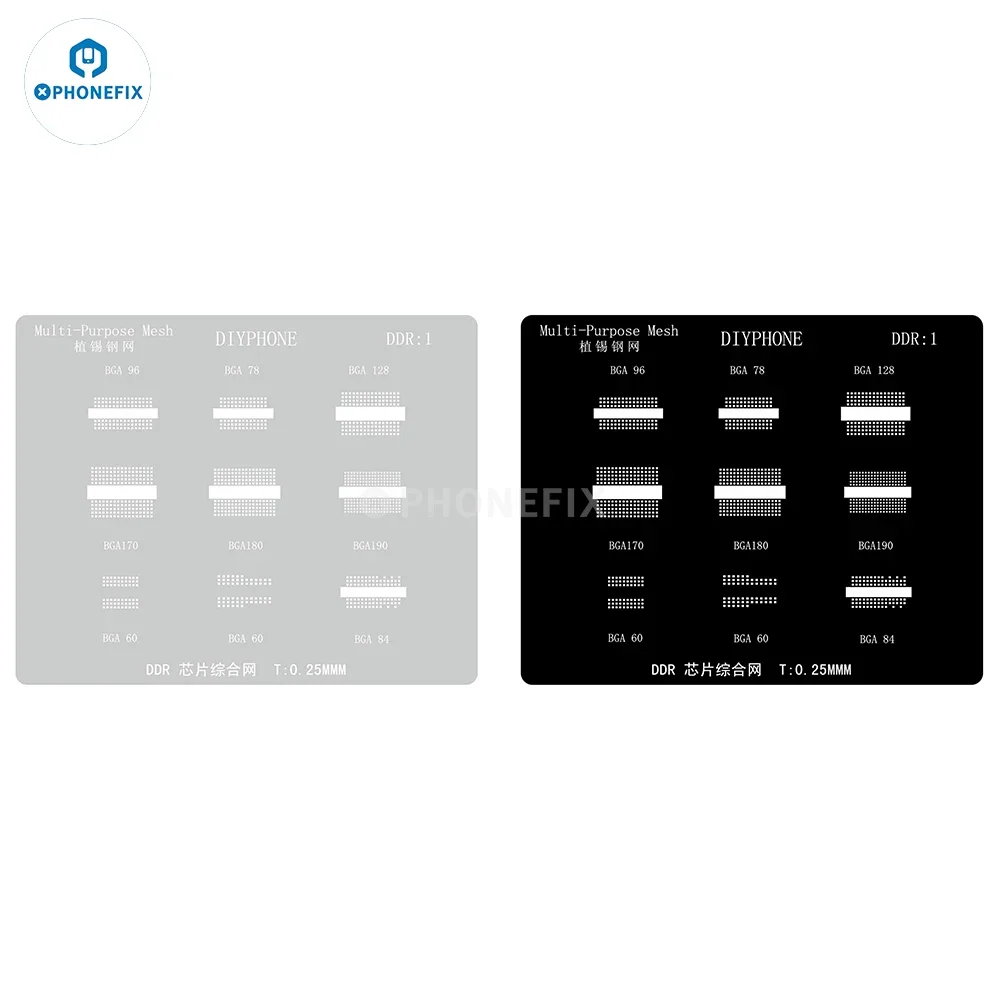 Phonefix DDR1 Sliver Black IC 0.25mm BGA Reballing Stencil For DDR BGA78 BGA96 BGA128 BGA190 BGA180 BGA170 BGA60 BGA84 Chip