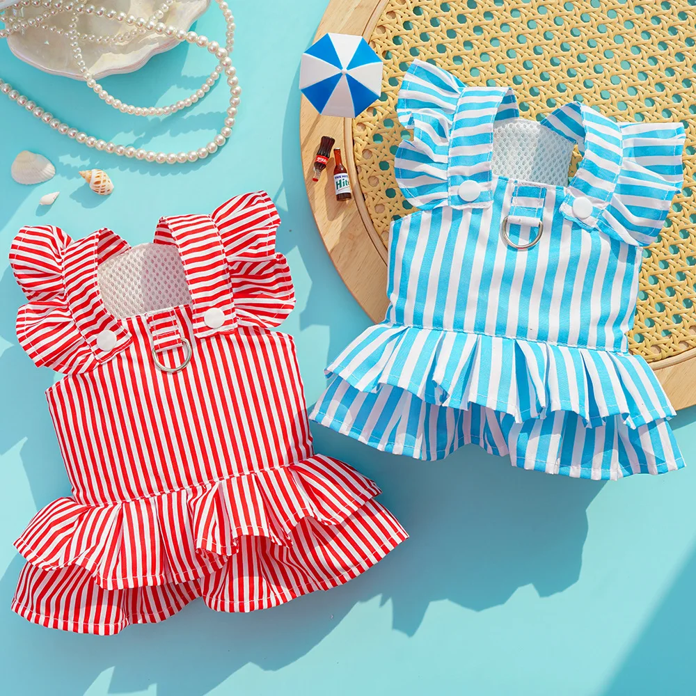 

Spring Summer Dog Dress Princess Style Dog Clothes Striped Traction Flying Sleeve Suspender Dress Cat Dress Teddy Pet Clothing