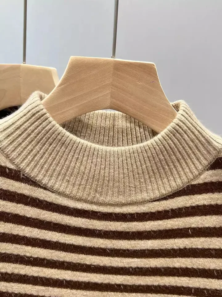 Half High Collar  Winter Stripe Sweater Women Elegant Thicken Velvet Lined Warm Knitted Pullover Tops New Loose Long Sleeve Top