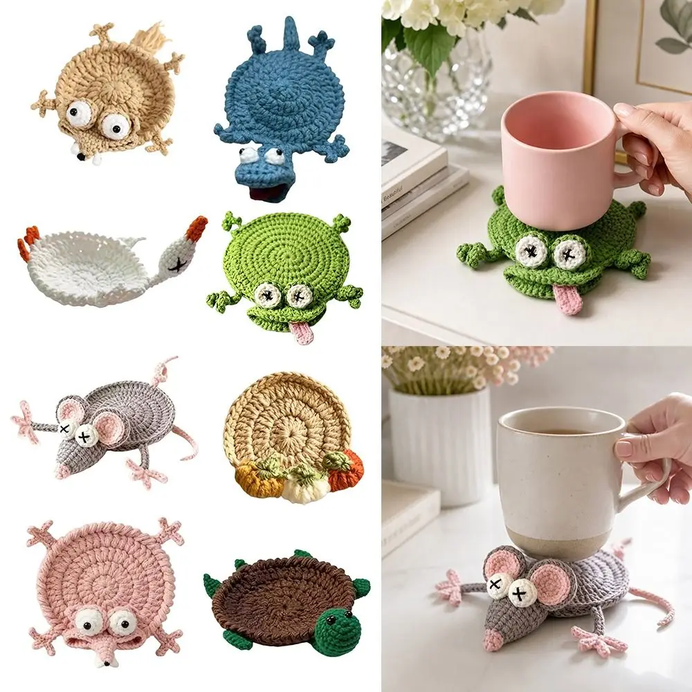 Handmade Crochet Craft Crochet Animal Coaster Non-slip Base Animal Shape Design Knitted Drink Coaster Creative Cartoon Style
