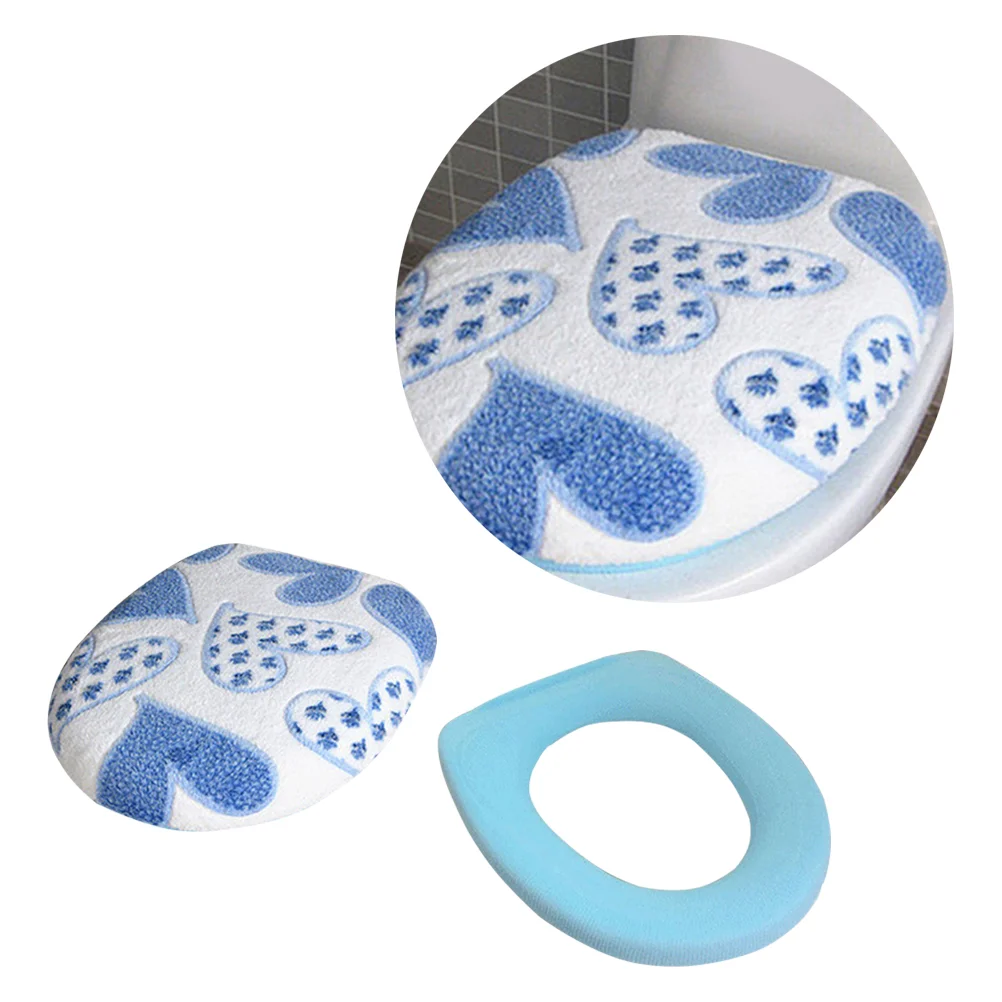 2Pcs Super Thick Coral Fleece Toilet Seat Cover Set Fabric Fashion Home Decoration (Blue) toilet seat cover cushion