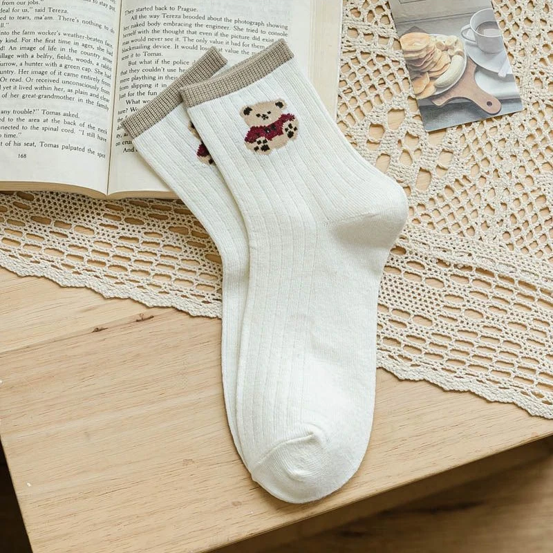 Calcetines de tubo medio para mujer, medias gruesas y cálidas de oso de peluche, versión coreana, otoño e invierno, 1 par