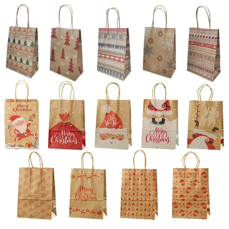 21x15x8cm Large Chritmas Gift Bags 5 Pieces Kraft Paper Bag For Christmas Snack Clothing Present Box Packaging Xmas Bag Decor