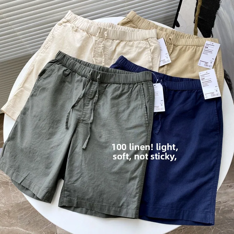 

Men's Comfortable Breathable Linen orts Spor Casual Color Five-Quarter Length Straight Leg Summer New Arrival