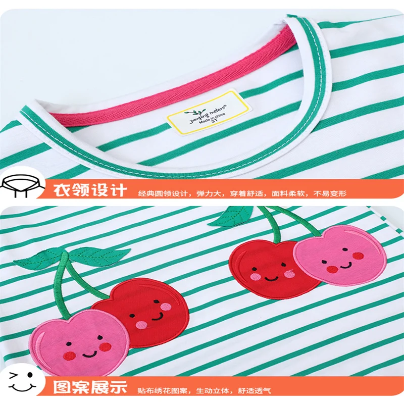 Jumping Meters 2-7T Cherry Embroidery Princess Girls Dresses Clothes Summer Short Sleeve Striped Baby Clothes Birthday Frocks