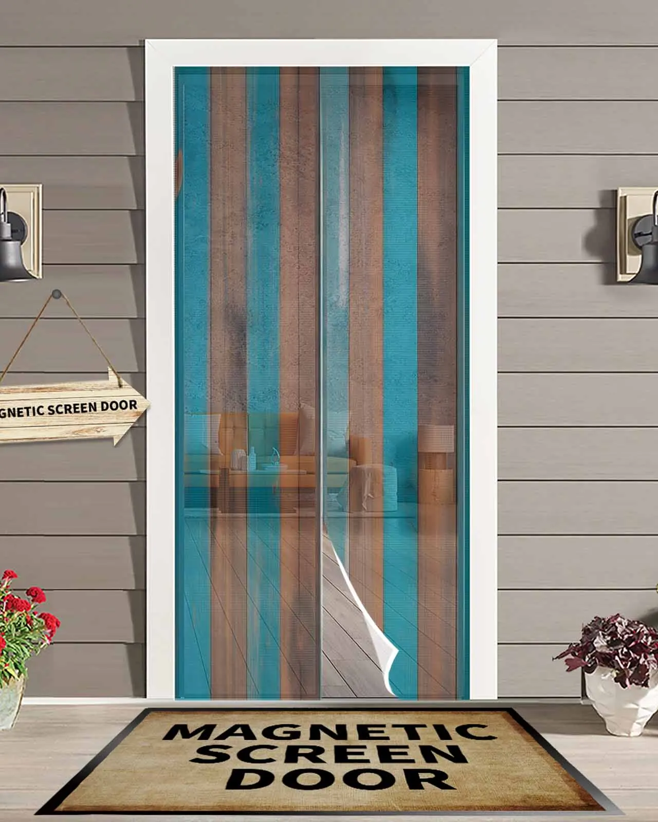

Blue Brown Distressed Plank Magnetic Door Curtain Living Room Bedroom Home Anti-mosquito Screen Door Curtain
