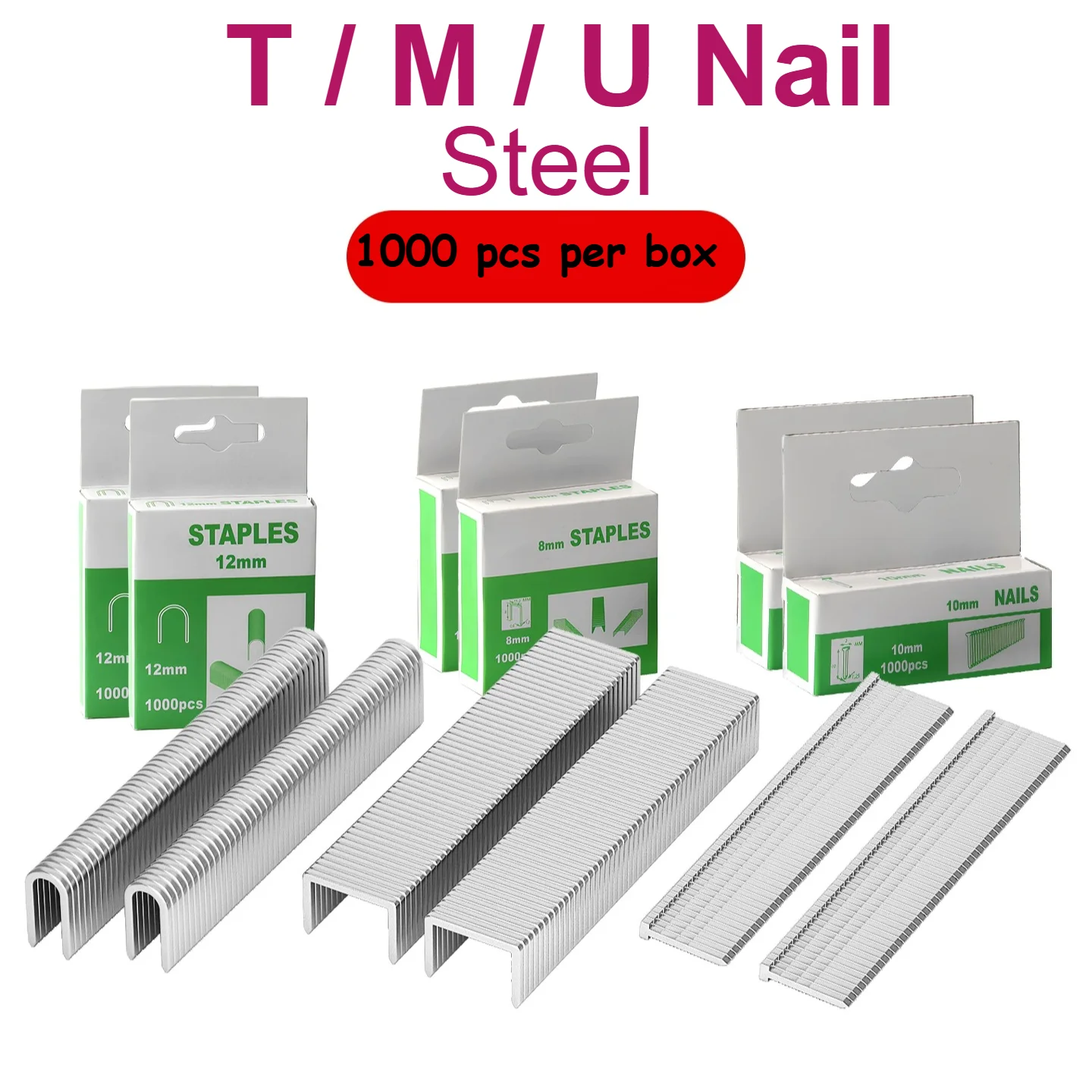 1000PCS Per Box Steel Staples T/M/U Nail High Strength Easy to Penetrate Nails Electric Pneumatic Nail Gun Straight Nails
