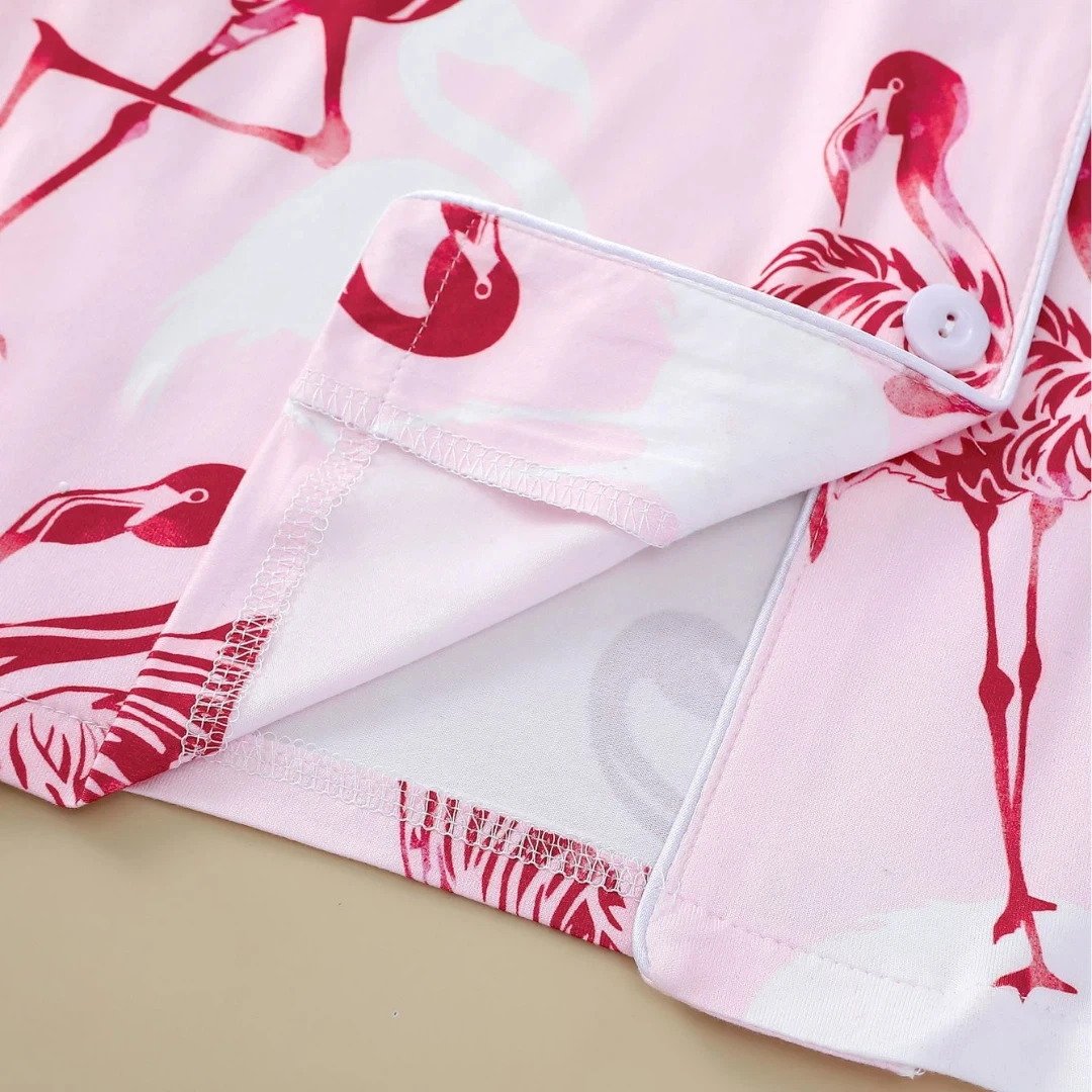 بيجامة على شكل حيوان وردي مع طية صدر السترة مطبوعة على شكل طائر الفلامنغو بأكمام قصيرة وبنطلون طويل ملابس للاستلقاء مجموعة ملابس منزلية هدايا للنساء #4