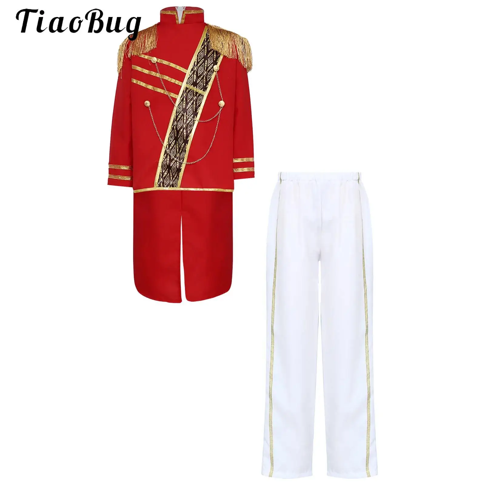 Boys Drum Major Outfit Court Honor Guard Uniform Marching Band Jacket Tassel Epaulets Swallow-tailed Coat Top And Long Pants Set