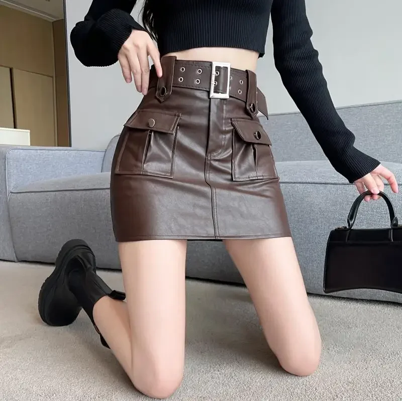 Ezgaga Sexy Skirts Women Autumn Winter Fashion PU Leather Pockets High Waist Slim Solid Mini Skirt Female Streetwear Casual