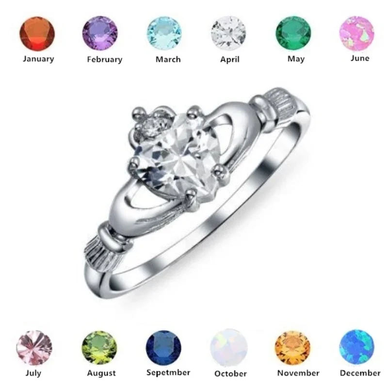 New Love Heart Ring with Birthstone Silver Plated Irish Claddagh Wedding Engagement Rings for Women Best Christmas Lover Gift